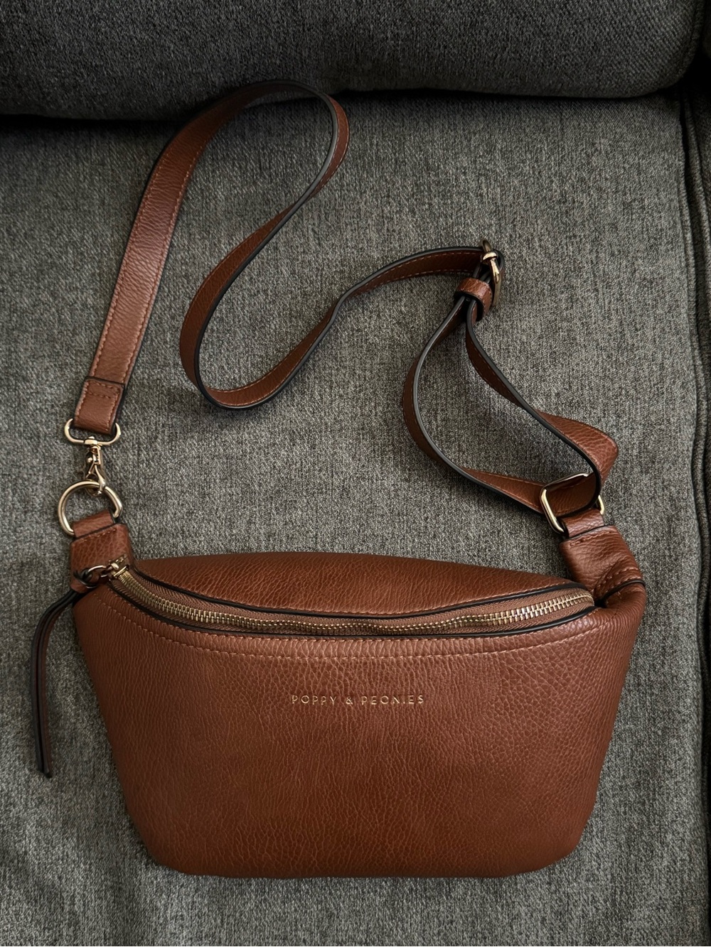 Poppy & Peonies Sidekick Cognac Brown Pebbled Leather Crossbody Bag